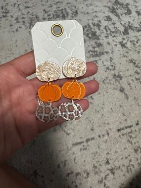 Layered Drop Earrings with Orange Discs and Leopard Acrylic